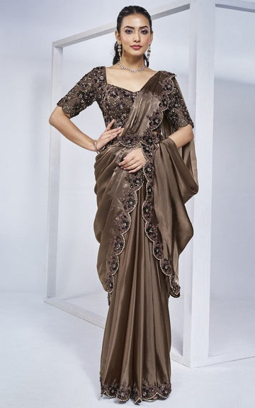 Pretty Brown Color Satin Fabric Readymade Saree