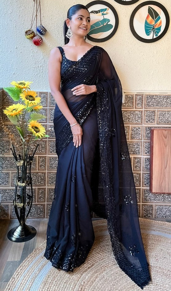 Beauteous Black Color Georgette Fabric Partwear Saree