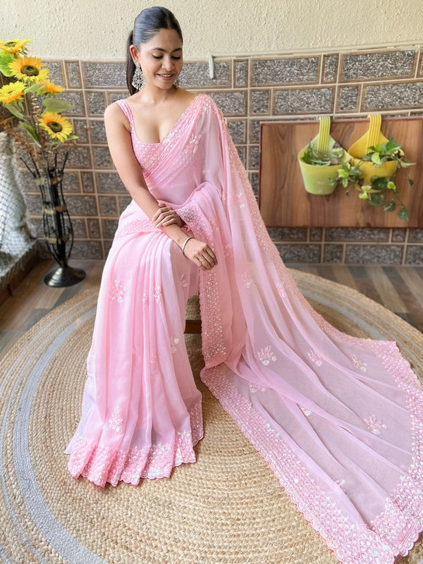 Beauteous Pink Color Georgette Fabric Partwear Saree