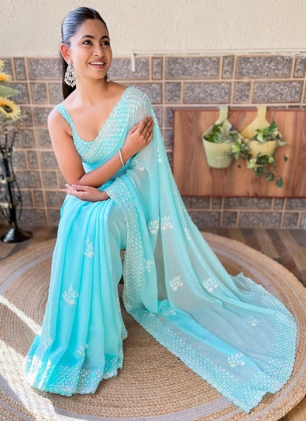 Beauteous Aqua Color Georgette Fabric Partwear Saree