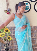 Beauteous Aqua Color Georgette Fabric Partwear Saree