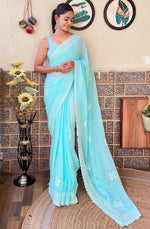 Beauteous Aqua Color Georgette Fabric Partwear Saree