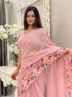 Beauteous Pink Color Shimmer Fabric Designer Saree