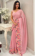 Beauteous Pink Color Shimmer Fabric Designer Saree