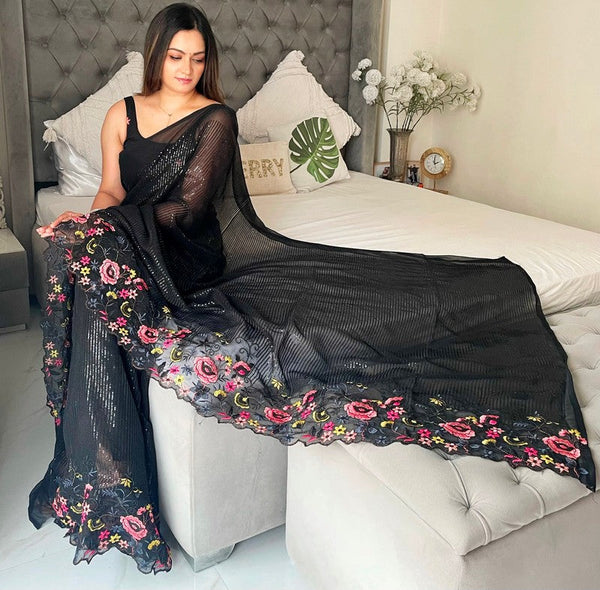 Beauteous Black Color Shimmer Fabric Designer Saree