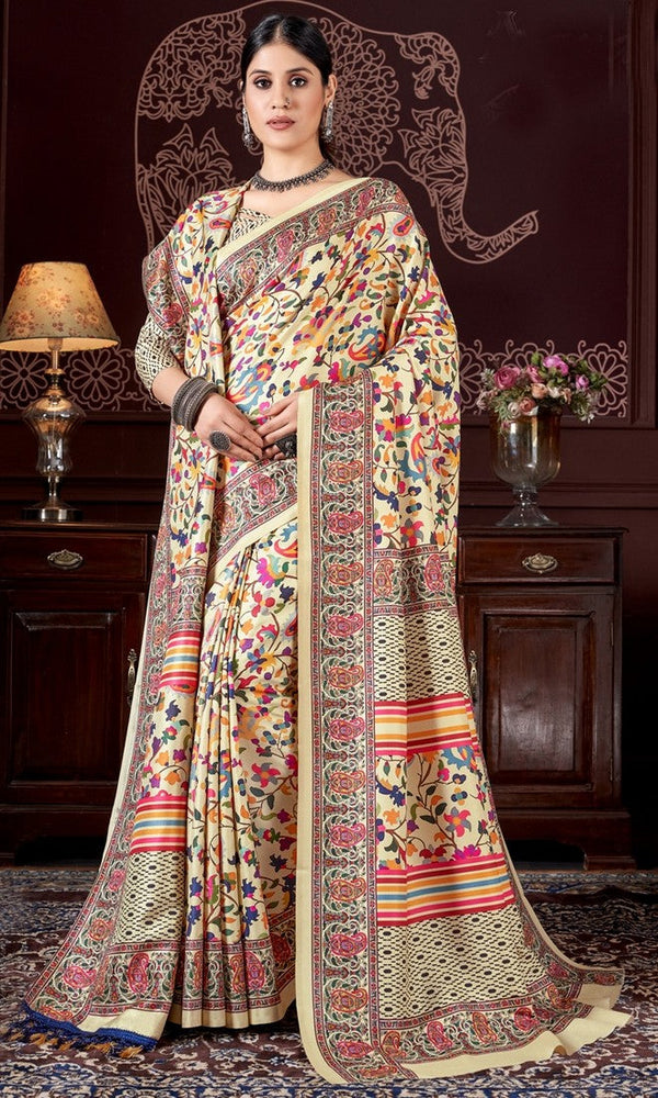 Dazzling Cream Color Pashmina Fabric Casual Saree With Shawl