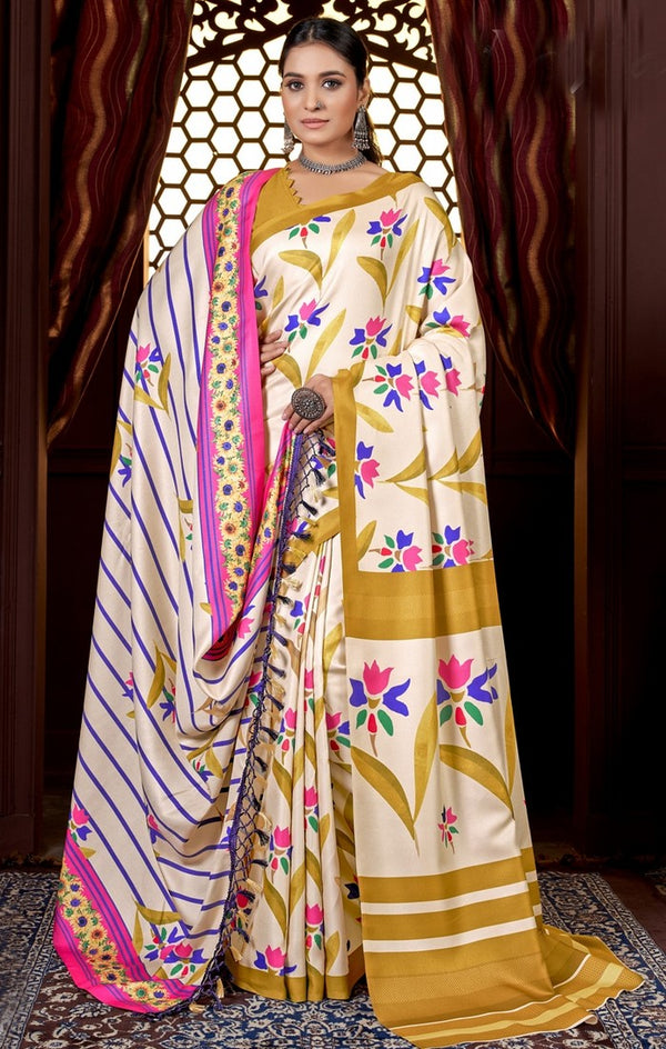 Dazzling Cream Color Pashmina Fabric Casual Saree With Shawl