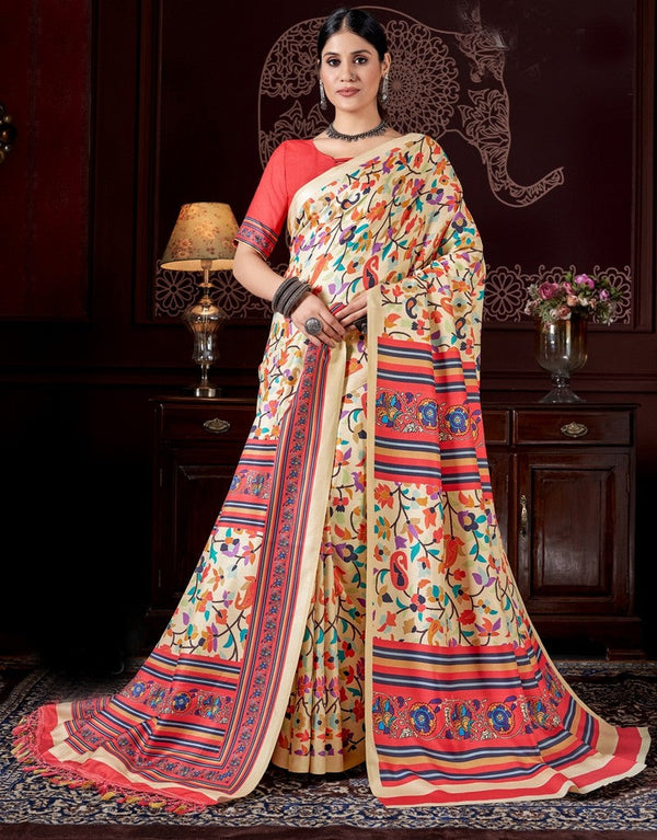 Dazzling Orange Color Pashmina Fabric Casual Saree With Shawl