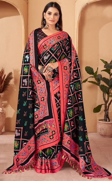 Dazzling Black Color Pashmina Fabric Casual Saree With Shawl