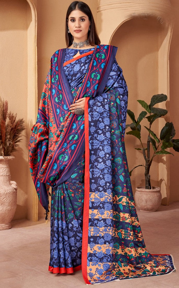 Dazzling Blue Color Pashmina Fabric Casual Saree With Shawl