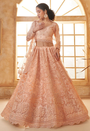 Beautiful Peach Color Net Fabric Party Wear Lehenga