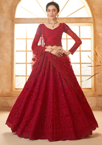 Beautiful Red Color Net Fabric Party Wear Lehenga