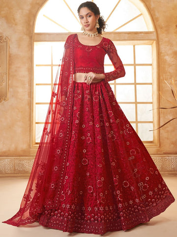 Beautiful Red Color Net Fabric Party Wear Lehenga