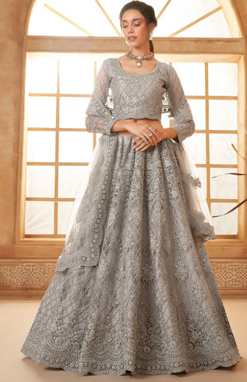 Beautiful Grey Color Net Fabric Party Wear Lehenga