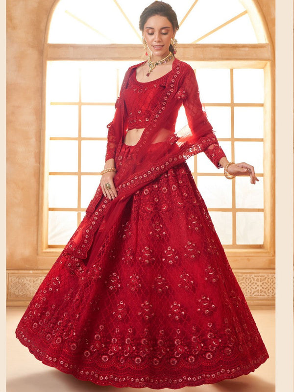 Beautiful Red Color Net Fabric Party Wear Lehenga