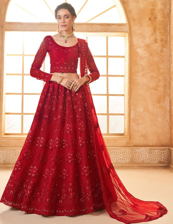 Beautiful Red Color Net Fabric Party Wear Lehenga