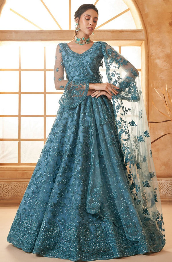 Beautiful Turquoise Color Net Fabric Party Wear Lehenga