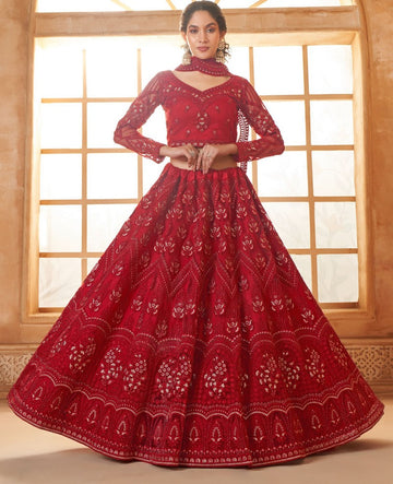 Beautiful Maroon Color Net Fabric Party Wear Lehenga