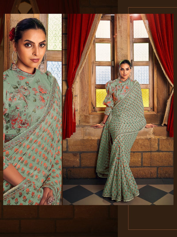 Beauteous Green Color Georgette Fabric Readymade Saree