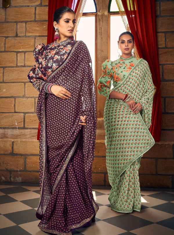 Beauteous Voilet Color Georgette Fabric Readymade Saree