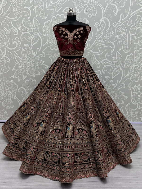 Magnetic Maroon Color Velvet Fabric Bridal Lehenga