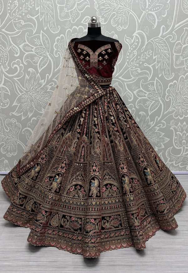 Magnetic Maroon Color Velvet Fabric Bridal Lehenga