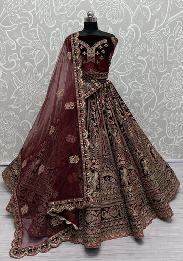 Magnetic Maroon Color Velvet Fabric Bridal Lehenga