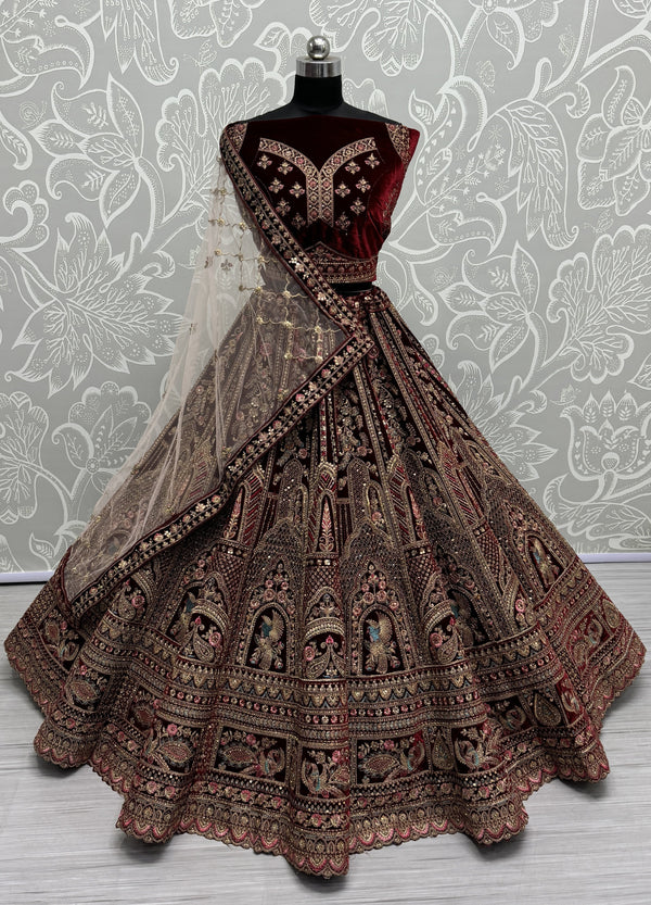 Magnetic Red Color Velvet Fabric Bridal Lehenga