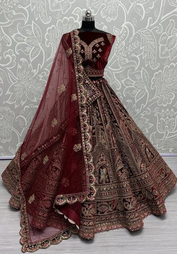 Magnetic Red Color Velvet Fabric Bridal Lehenga