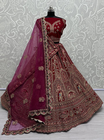 Magnetic Magenta Color Velvet Fabric Bridal Lehenga