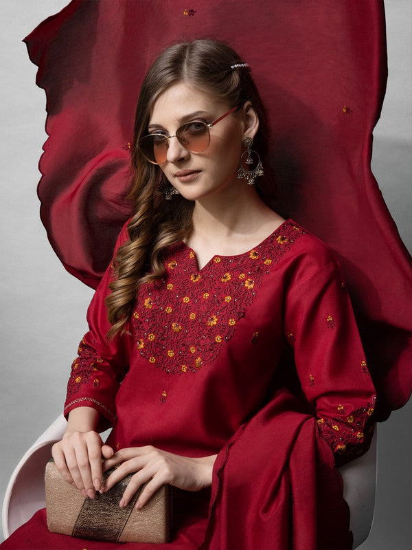 Divine Maroon Color Cotton Fabric Designer Suit