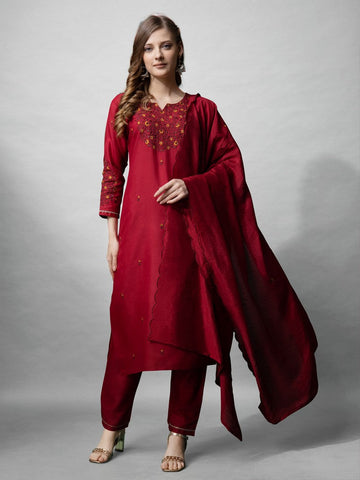 Divine Maroon Color Cotton Fabric Designer Suit