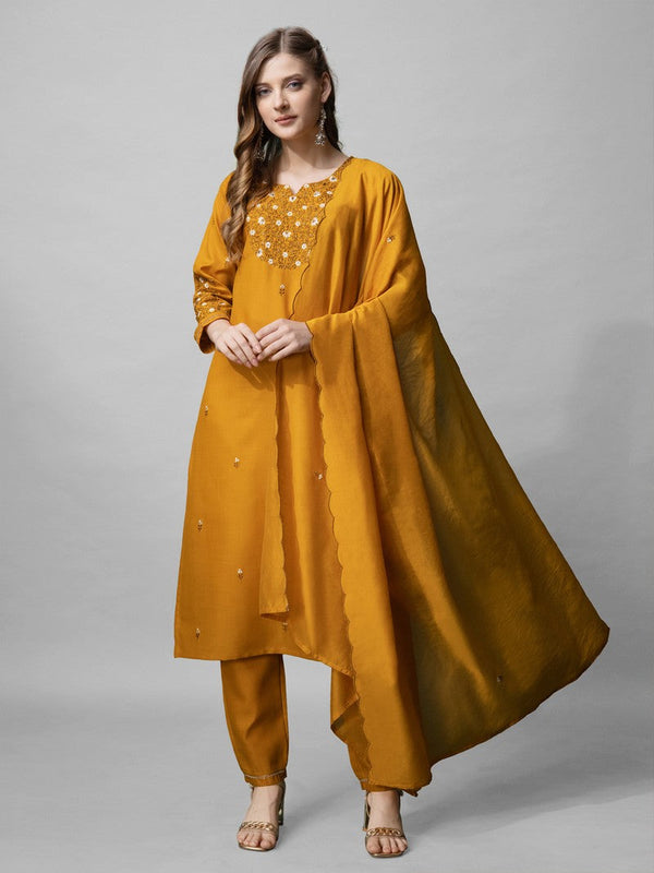 Divine Mustard Color Cotton Fabric Designer Suit