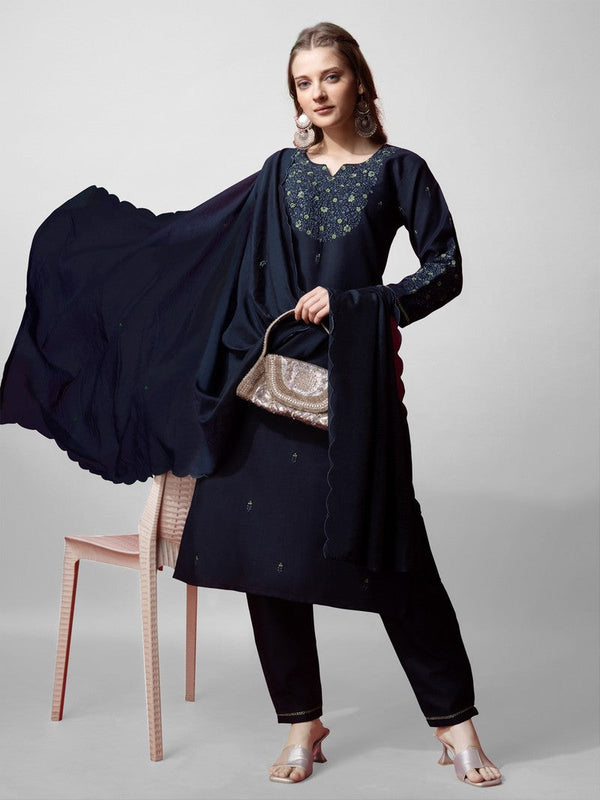 Divine Navy Blue Color Cotton Fabric Designer Suit