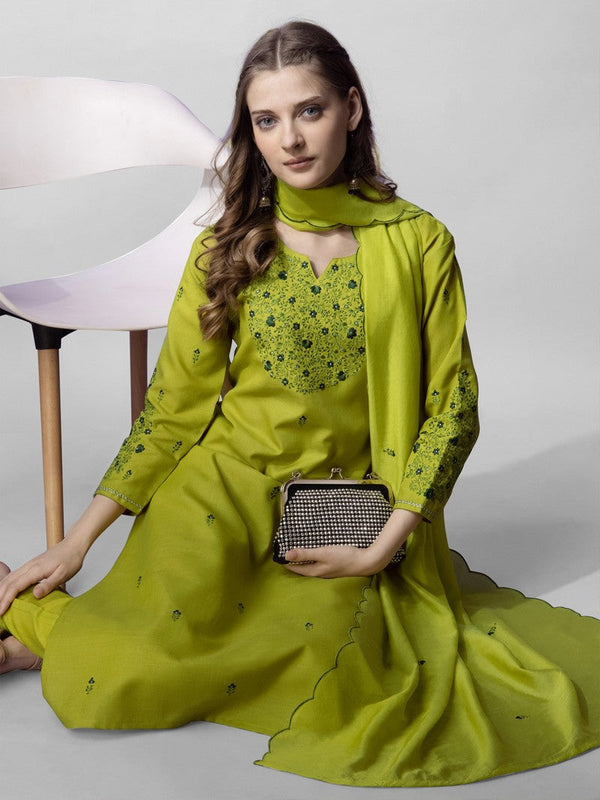 Divine Green Color Cotton Fabric Designer Suit