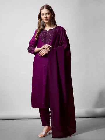 Divine Purple Color Cotton Fabric Designer Suit