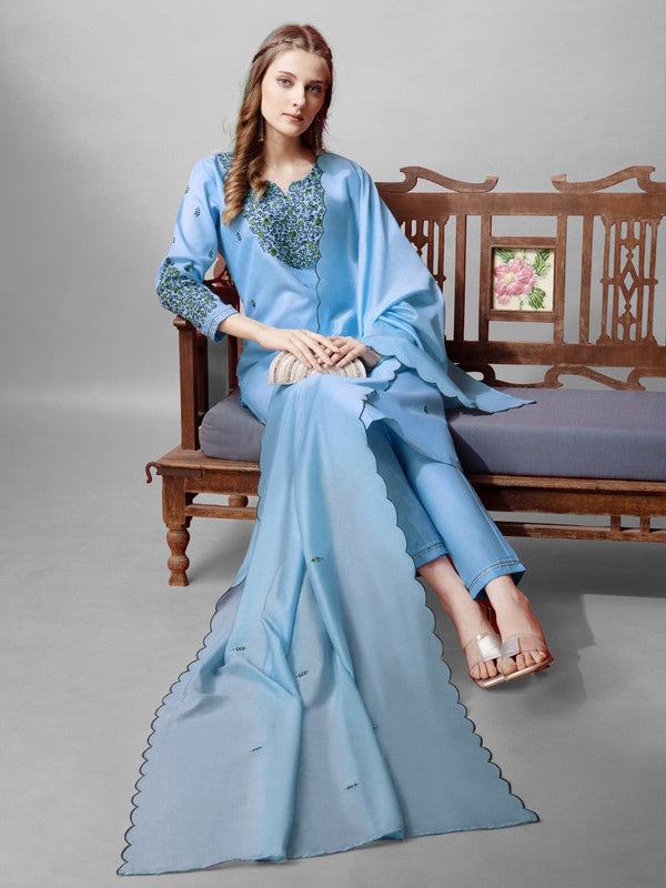 Divine Aqua Color Cotton Fabric Designer Suit