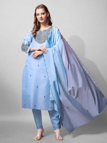 Divine Aqua Color Cotton Fabric Designer Suit