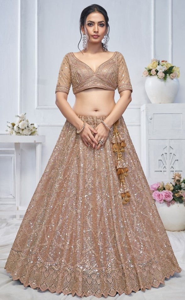 Lovely Beige Color Net Fabric Party Wear Lehenga