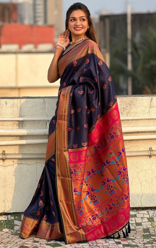 Beauteous Navy Blue Color Silk Fabric Partywear Saree