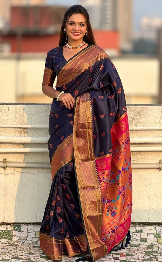 Beauteous Navy Blue Color Silk Fabric Partywear Saree