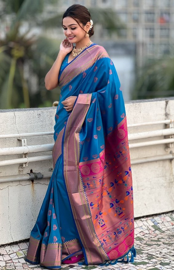 Beauteous Blue Color Silk Fabric Partywear Saree