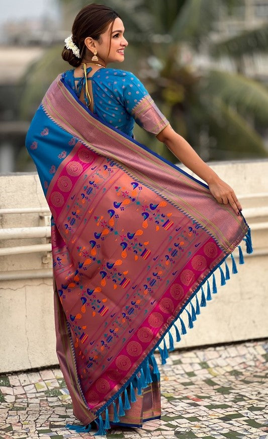 Beauteous Blue Color Silk Fabric Partywear Saree