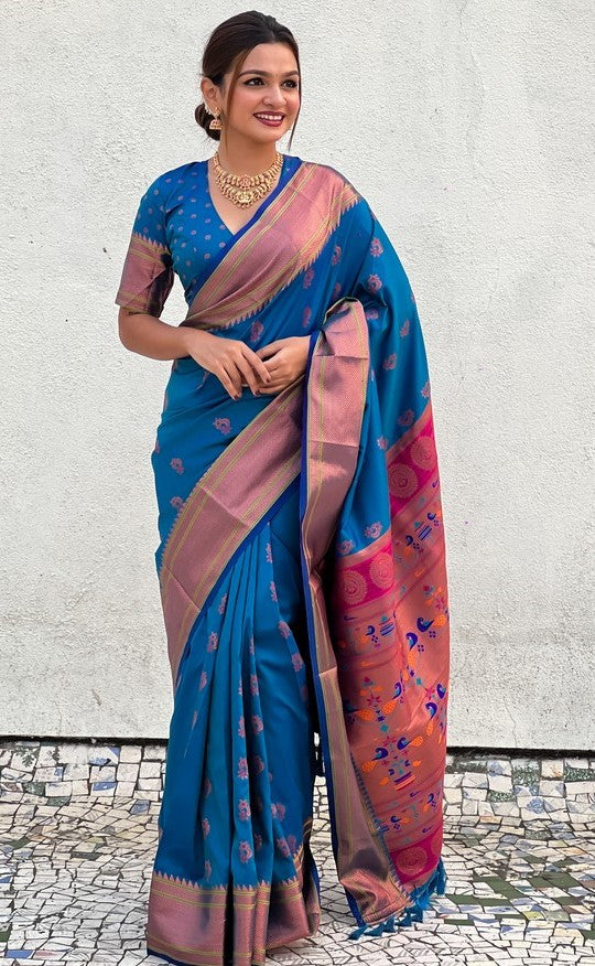 Beauteous Blue Color Silk Fabric Partywear Saree