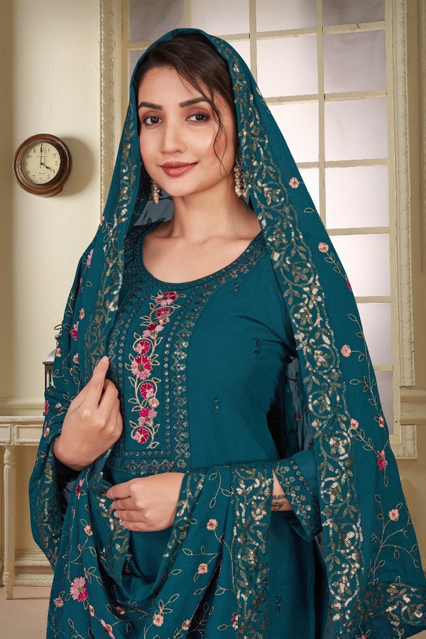 Divine Teal Color Georgette Fabric Designer Suit