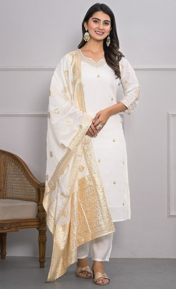 Divine White Color Viscose Fabric Designer Suit