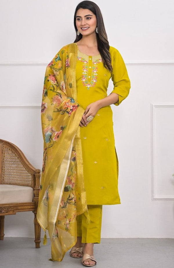 Divine Yellow Color Viscose Fabric Designer Suit