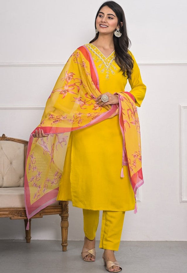 Divine Mustard Color Viscose Fabric Designer Suit