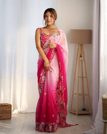 Striking Pink Color Georgette Fabric Designer Saree