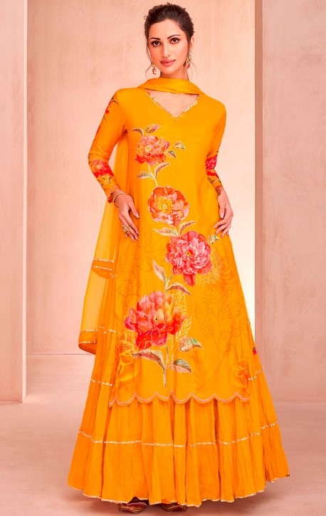 Divine Yellow Color Muslin Fabric Designer Suit